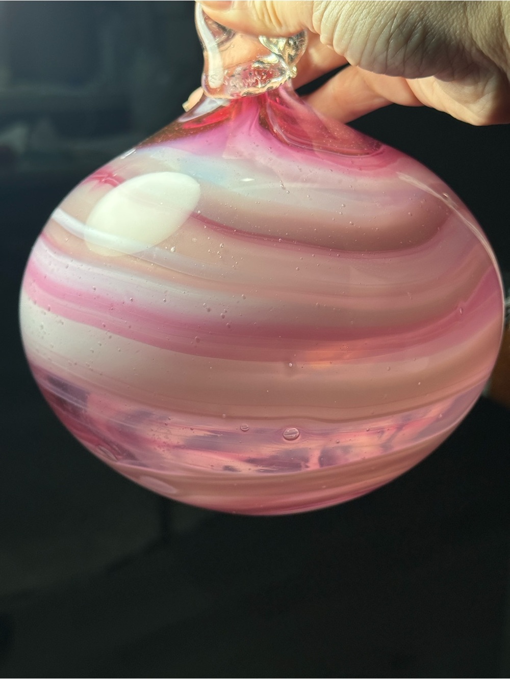 Exquisite Hand-Blown Art Glass Ornament – Pink & White Swirl, Heavy 2.47 lbs